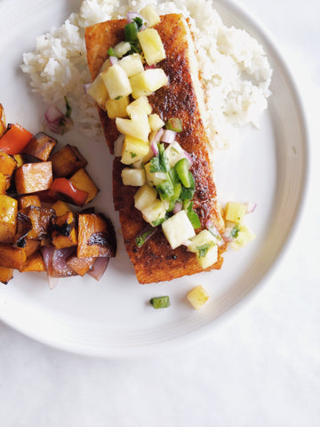 Thursday (1/30): BBQ Salmon with Jalapeño-Pineapple Salsa, Jasmine Rice, and Roasted Vegetables (Gluten-Free)