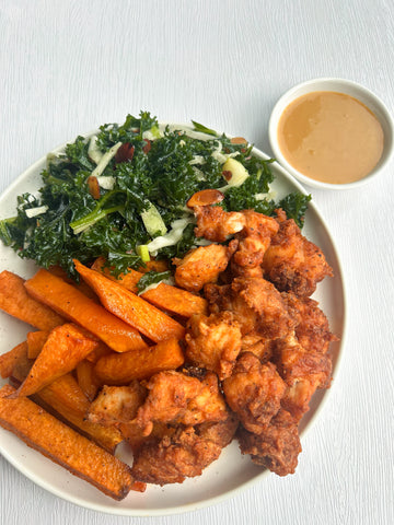 Thursday (1/30): Gluten-Free Chicken Nuggets (Fast Food Fix) with "Chick" Sauce, Sweet Potato Fries and Kale Crunch Salad (Gluten-Free, Dairy-Free)