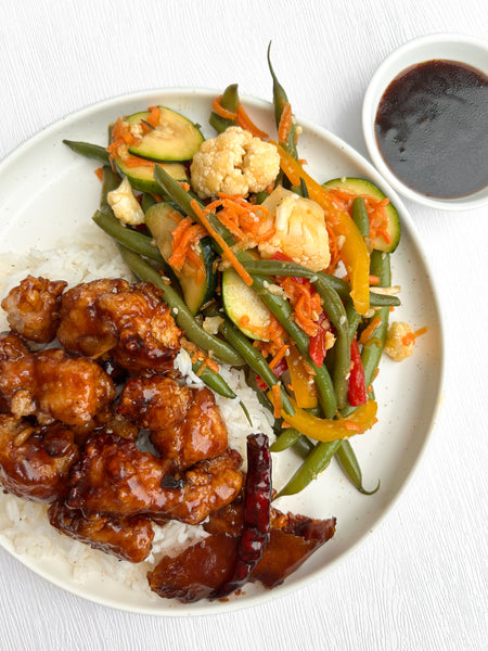 Wednesday (1/8): General Tso's Chicken with Coconut Jasmine Rice and Asian-Sesame Marinated Crunchy Vegetables (Gluten-Free, Dairy-Free)