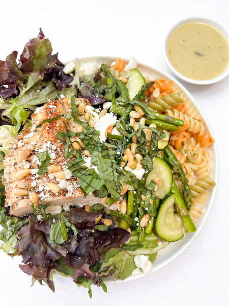 Monday (1/27): Grilled Chicken with Lemon-Basil Vinaigrette, Lemony Spring Pasta Salad, and Spring Mix Lettuce