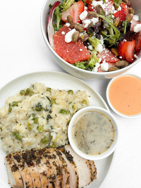 Monday (1/6): Lemon-Herb Grilled Chicken with Lemon-Herb Sauce, Lemon Risotto with Peas, Tarragon & Leeks and a Grapefruit, Strawberry & Pistachio Salad with Grapefruit Vinaigrette (Gluten-Free)