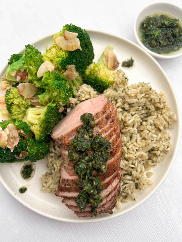 Tuesday (1/28): Grilled Pork Tenderloin with Charred Lemon Chimichurri, Lemon Pesto Jasmine Rice and Broccoli Almondine (Gluten-Free, Dairy-Free)