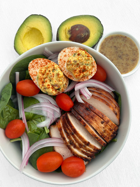 Monday (1/6): Honey Mustard Chicken, Avocado & Bacon Salad with Bacon-Jalapeno Deviled Eggs (Gluten-Free, Dairy-Free)