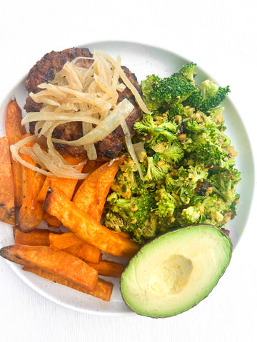 Tuesday (1/7): Turkey Burgers with Caramelized Onions & Avocado, Broccoli Salad with Cashew Curry Dressing, and Sweet Potato Fries (Gluten-Free, Dairy-Free)