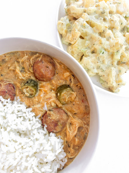 Andouille, Chicken & Okra Gumbo with your choice of Jasmine Rice or Potato Salad *on the side* (Gluten-Free) *Made Thursday - 1/9*