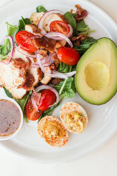 Monday (1/6): Honey Mustard Chicken, Avocado & Bacon Salad with Bacon-Jalapeno Deviled Eggs (Gluten-Free, Dairy-Free)